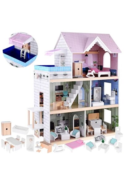indiggo MDF Wooden Dollhouse with POOL LaCasa Indiggo® Pink Fluff