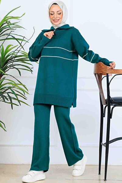 benguen Σετ πλεκτό με ρίγες με φερμουάρ στο λαιμό S1050 Σμαραγδί πράσινο