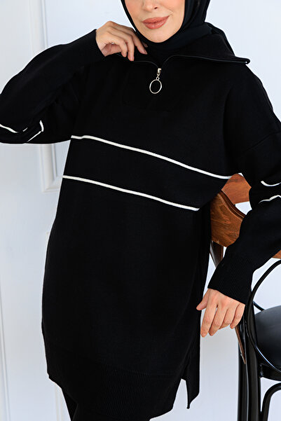 benguen Σετ πλεκτό με ρίγες με φερμουάρ στο λαιμό S1050 Μαύρο