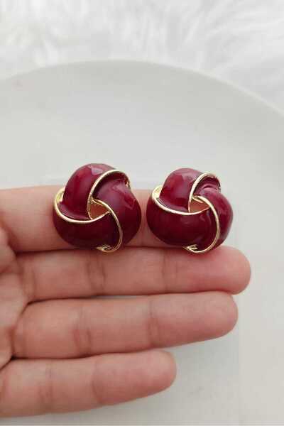 KYOLA DESİGN Bordo Bombeli Gold Kadın Küpe (2,5 cm çap)