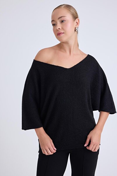 Vitrin V Yaka Yarım Kol Simli Salaş Bluz