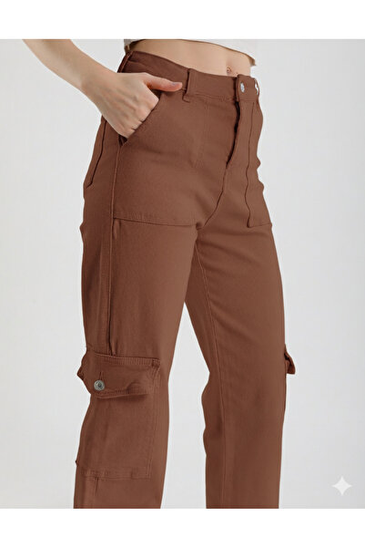 By Caspita Fashion Women's High Waist Wide Leg Brown Cargo Pocket Pants Jeans