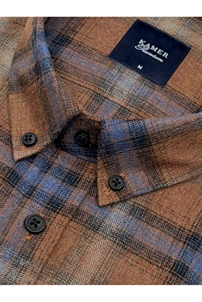 KAMER Men's Regular Fit Winter Long Sleeve Button-Up Collar Single Pocket Plaid Tile Shirt 3848Ki̇