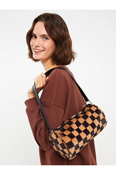 LC Waikiki Lcw Accessories Black Checkerboard Patterned Fur Women's Baguette Bag