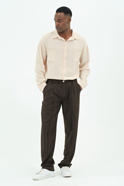 RELAXL 4 Seasons Striped Fake Button Wide Leg Brown Baggy Pants