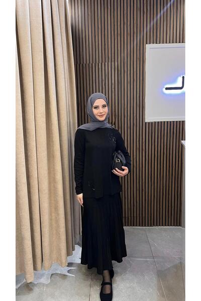 Nuss 1352 Beaded Skirt Suit Black