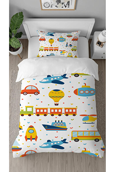 GREENDECOR طقم غطاء لحاف أنيق للأطفال مطبوع رقميًا بنمط طائرة وسيارة وقطار وس...
