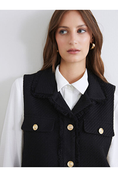 LC Waikiki Siyah Gömlek Yaka Kadın Tüvit Yelek