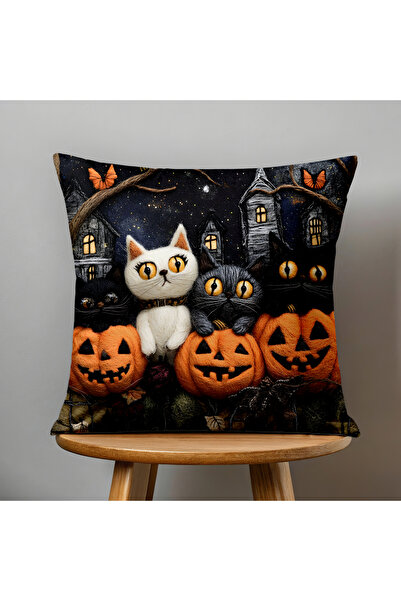 Filamente Double-Sided Digital Print Throw Pillow Cover with Felt Craft Look - Halloween Patterned
