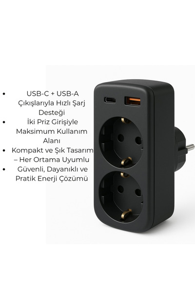 SMAYLİNG Çift Priz + USB-C & USB-A Hızlı Şarj Girişli Kompakt Priz Adaptörü – Şık ve Güvenli Tasarım