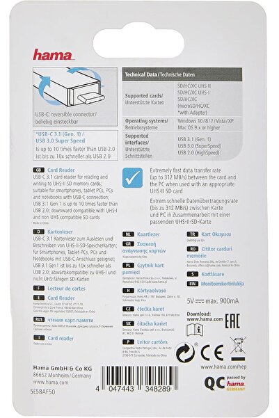 Hama 124186 USB 3.1 SD UHS-II Type-C Card Reader, Grey
