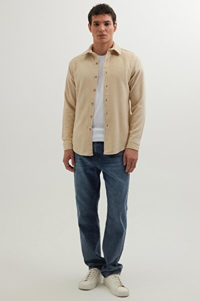 Tudors Erkek Slim Fit Dar Kesim Uzun Kollu Düz Kışlık Oduncu Açık Bej Gömlek
