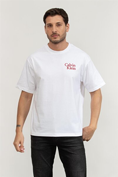 Calvin Klein Erkek Renkli Calvin Yazı Desen Kısa Kol Regular Fit Beyaz T-Shir...