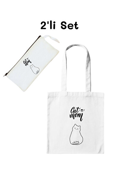 junobi Cat Mom Bez Çanta & Kalemlik Seti – Kedi Annesi Tasarım