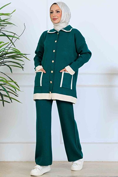 benguen Σετ πλεκτών ενδυμάτων με λεπτομέρεια με κουμπιά S1043 Σμαραγδένιο πράσινο