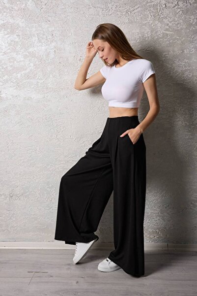 Maison La Femme Kadın Pileli Gizli Cepli Palazzo Pantolon Siyah