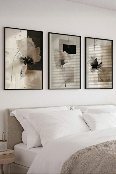 Wooden Factory Çerçeveli Modern Soyut Çiçek Desenli 3’lü Tablo Seti