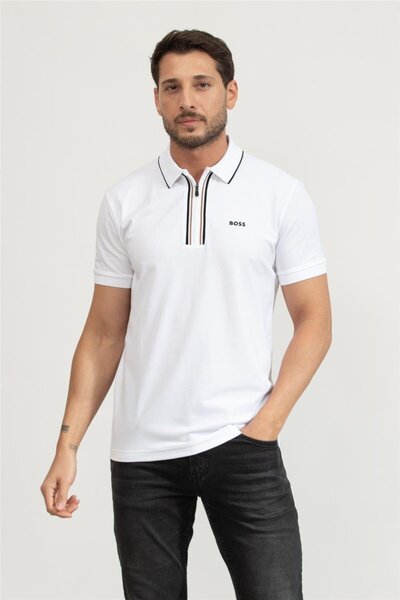 BOSS Erkek Slim Fit Hızlı Kuruyan Esnek Pamuklu Kısa Kollu Fermuarlı Beyaz Polo Yaka T-Shirt 50544450-100