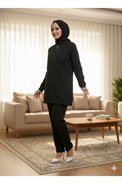 FERHEL Tulle Patterned Zippered Hijab Scuba Suit