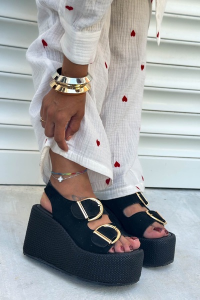 Shoebutik Nina Black Suede Wedge Heel Sandals