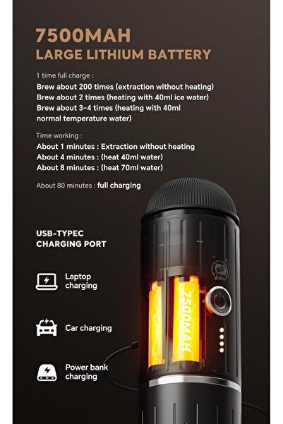 Fipka i Cafilas Portable Coffee Maker Travel Espresso Machine 120W, 19 Bar Pressure 7500mAh Rechargeable B