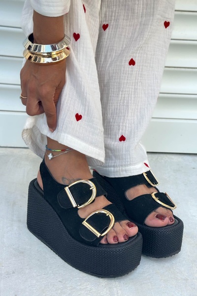 Shoebutik Nina Black Suede Wedge Heel Sandals