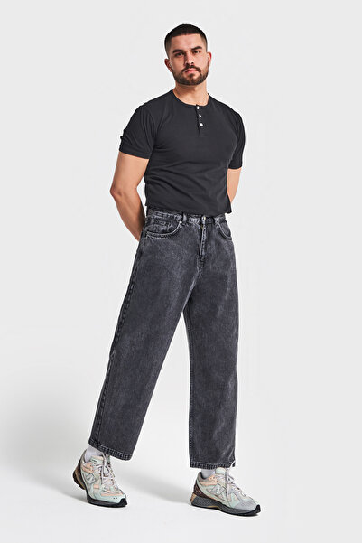 its basic Erkek Füme Renk 3w5-14 Loose Baggy Fit Bol Kesim Cep Nakış Detaylı Denim Jean