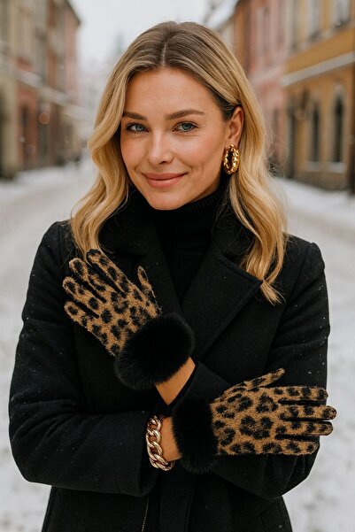 FELLMENS Camel Leopard Patterned Suede Women's Gloves