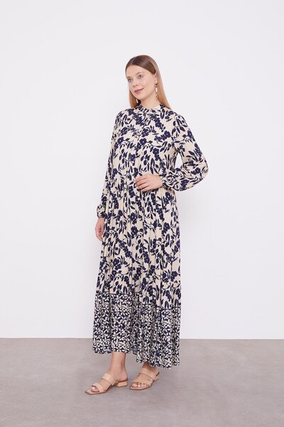 Levidor Siyah-Gri Çiçek Dalı Desen Elbise