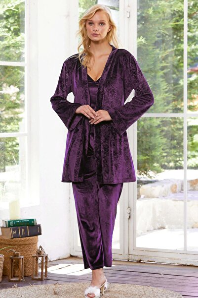 FLZ Kadife Desenli Kışlık Sabahlıklı İp Askılı Pijama Takım 3'lü Set - Marka, Şık ve Zarif Çeyizlik