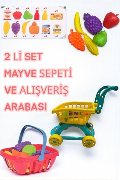 BYCEGU 2 Lİ SET MEYVE SEPETİ VE ALİŞVERİŞ ARABASI MEYVELERİ