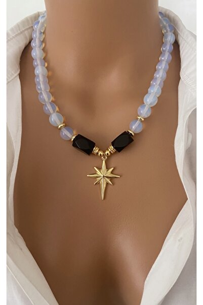 TARZ-I TAKI DOĞAL TAŞ Şeffaf Beyaz Opal Taşı 10 mm Kutup Yıldız TASARIM Kolye...