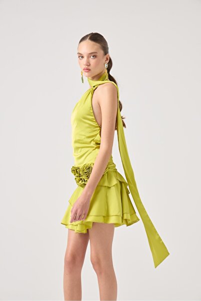 HOLLY LOLLY Belted Mini Satin Giana Dress Green
