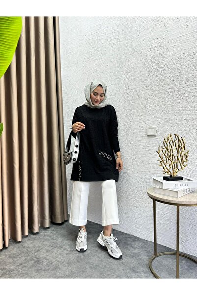 MEYSADESİGN İnci İşlemeli Merserize Tunik Siyah