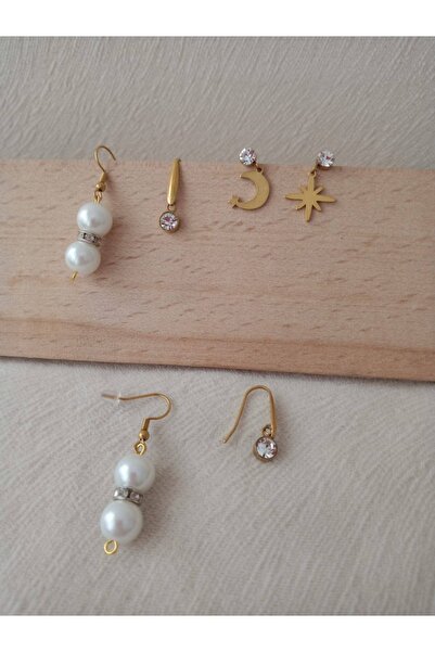 KobalBusiness Steel Earring Set-Pearl Hoop-Single Stone Hoop-Star and Crescent Nail-Polar Star Earring Set.