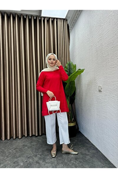 MEYSADESİGN Desenli Merserize Tunik Kırmızı