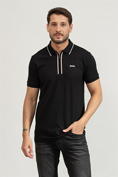 BOSS Erkek Slim Fit Hızlı Kuruyan Esnek Pamuklu Kısa Kollu Fermuarlı Siyah Po...