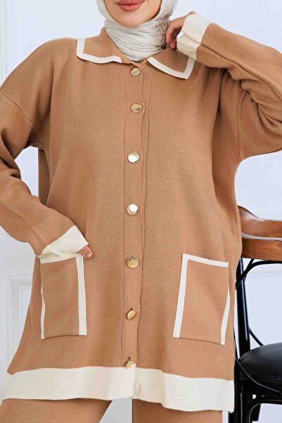 benguen Σετ πλεκτών ενδυμάτων με λεπτομέρεια με κουμπιά S1043 Mink