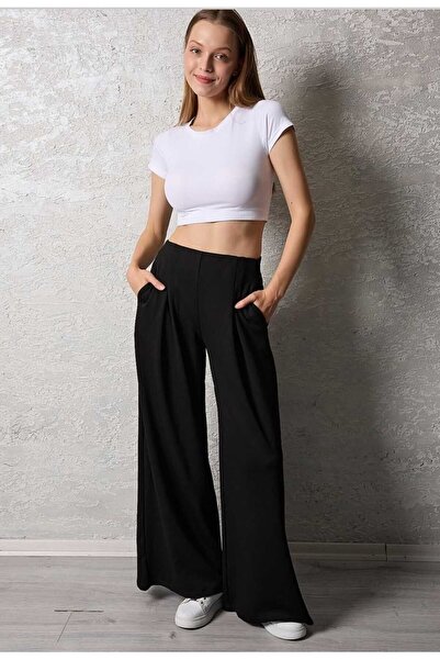 Maison La Femme Kadın Pileli Gizli Cepli Palazzo Pantolon Siyah