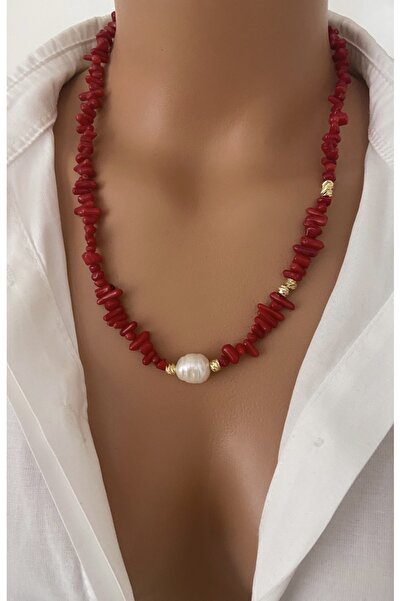 TARZ-I TAKI DOĞAL TAŞ KIRMIZI Dal Mercan Gerçek İNCİ Detay Kolye