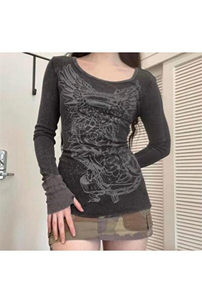 Wisevelya Y2K Style Long Sleeve Gray Graphic Blouse