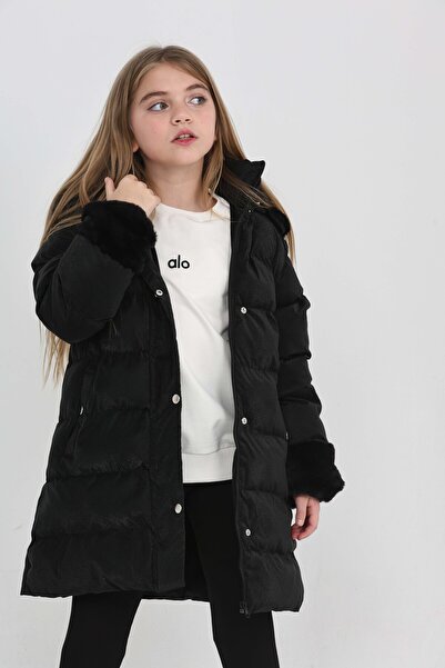 TheJOJODesign 9-13 Yaş Kız Çocuk Mont Kapüşonlu, Kürk Detaylı, Pembe Şişme Kışlık Mont