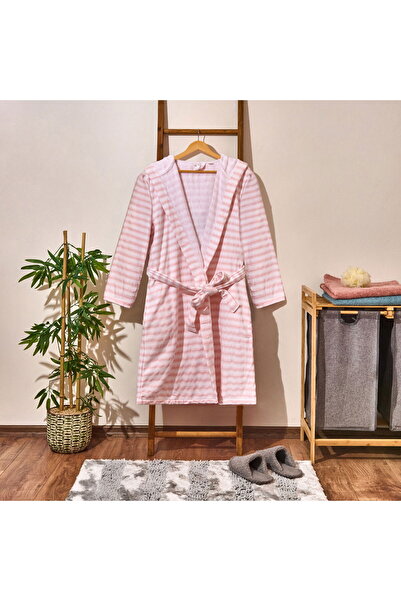ASPARTAM Soft Hooded Striped Women's Bathrobe - White / Pink - S / m