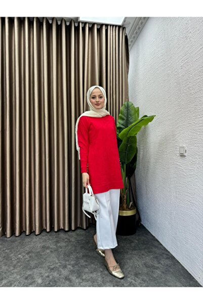 MEYSADESİGN Desenli Merserize Tunik Kırmızı