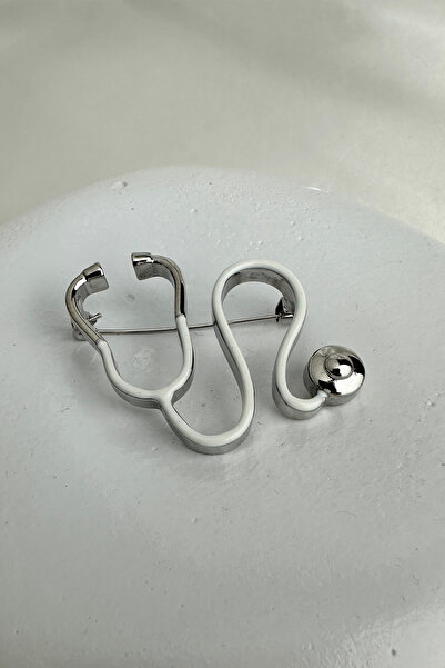 Modex Gümüş Rengi Beyaz Mineli Steteskop Broş (4cm)