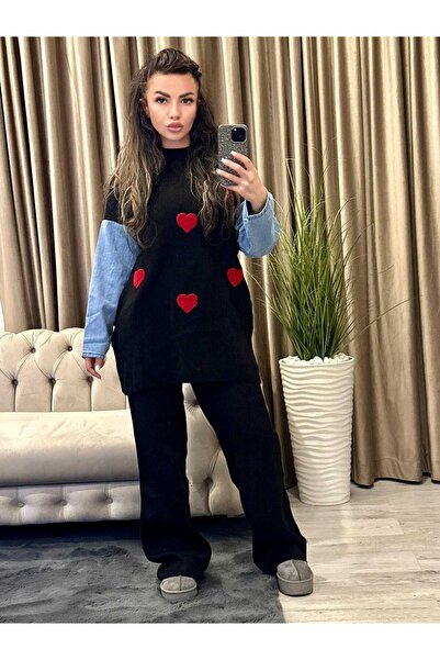 Intisimo Γυναικείο Σετ Πλεκτών, Δύο Τεμάχια, Over Size, Τζιν Μανίκια, Καρδιές...