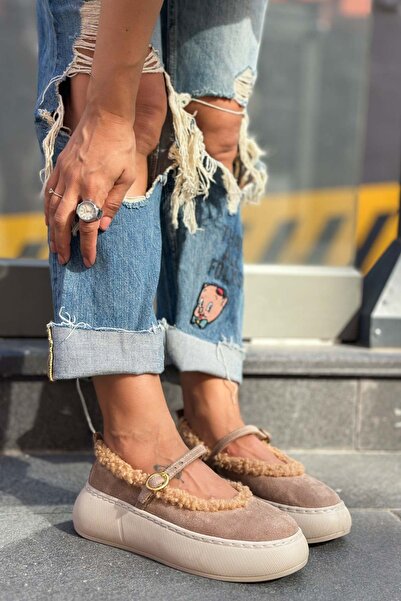 Shoebutik Sereny Stone Color Suede Fur Women's Sneakers Ballet Flats