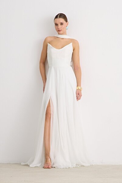 Carmen Ekru Yırtmaçlı Şifon Nikah Elbisesi