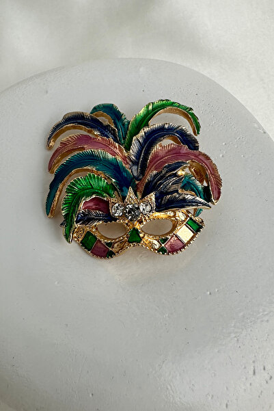 Modex Renkli Taş Detaylı Tüy Desenli Tasarım Maske Broş (4cm)