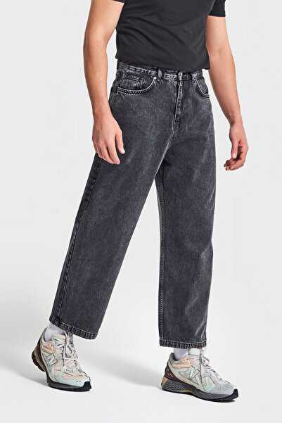 its basic Erkek Füme Renk 3w5-14 Loose Baggy Fit Bol Kesim Cep Nakış Detaylı Denim Jean